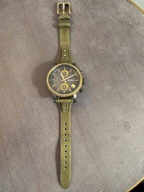 Fossil Womens Olive Green Leather Strap Watch with Gold Accents